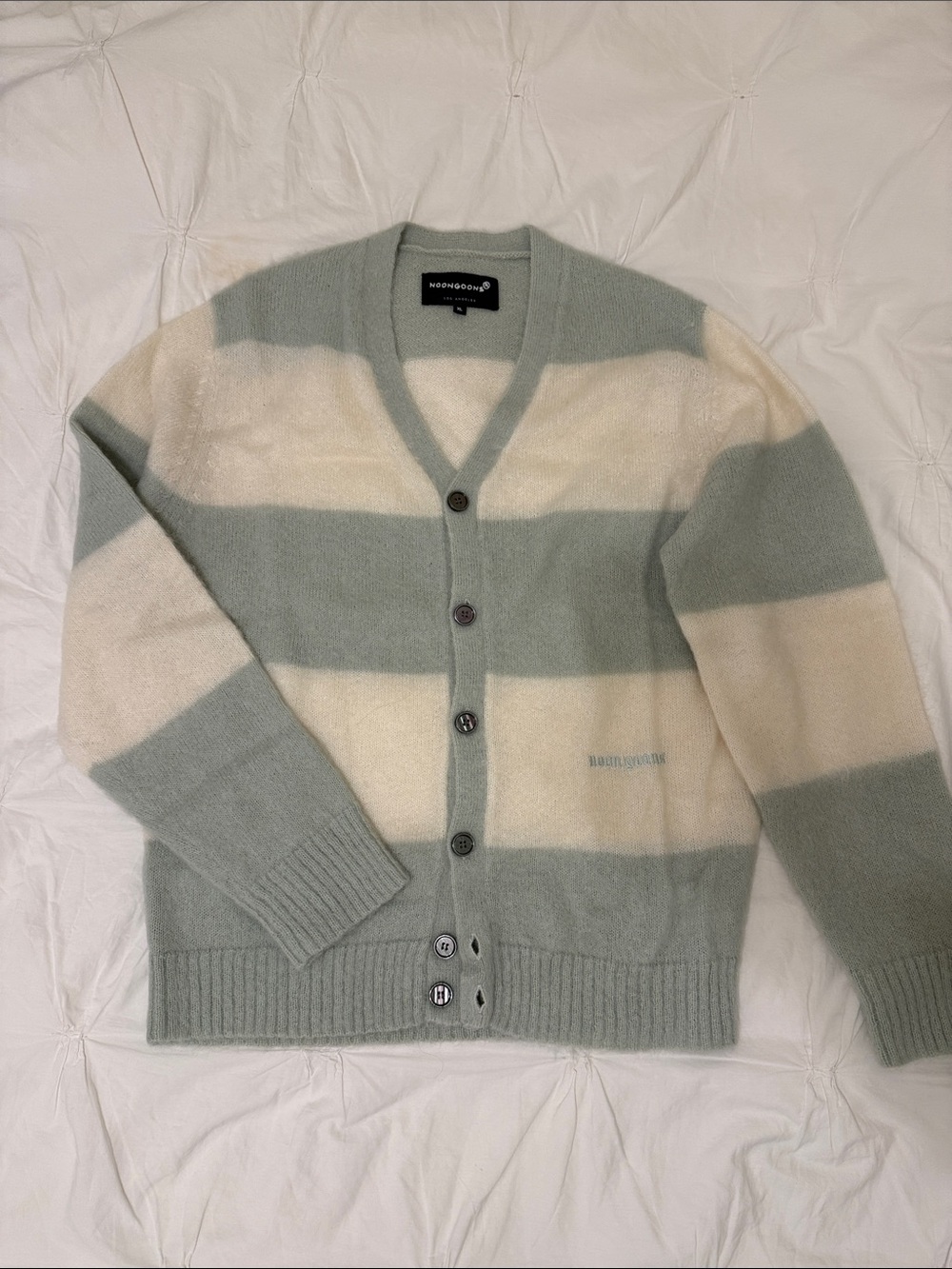 Striped V-Neck Cardigan Sweater - Sage Green & Cream